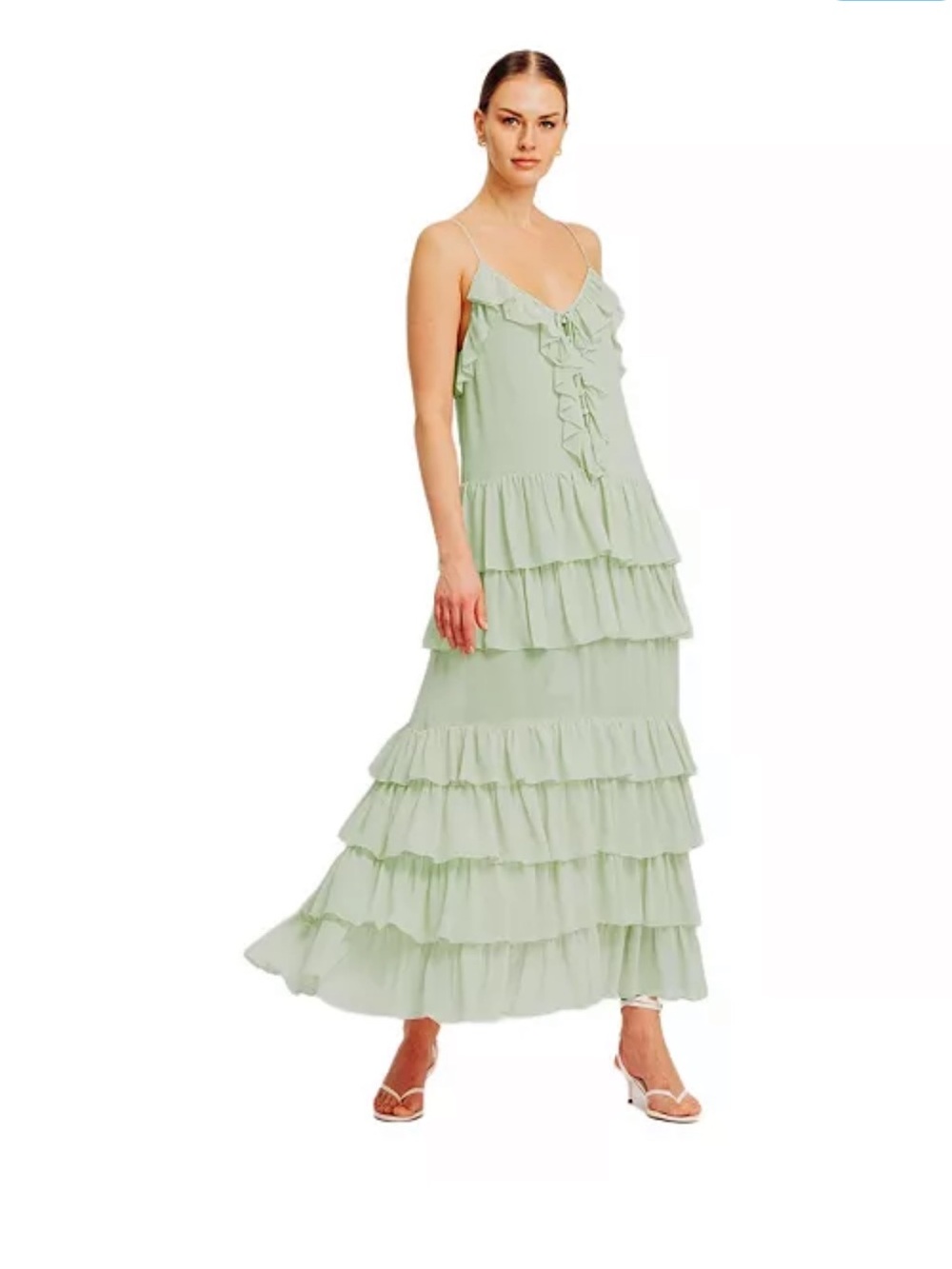 Torn by Ronny Kobo NWT ORCADIA Light Sage Ruffled Tiered maxi dress, M